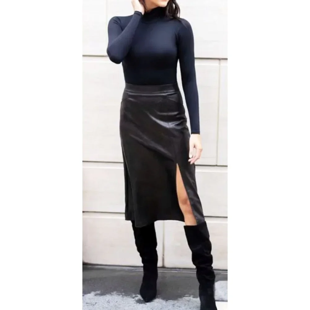 Spanx Leather-Like Midi Skirt Noir A-Line Shiny High-Waist Pencil Mid-Length S